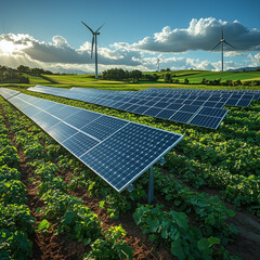 Solar panels and wind turbines in a lush green field under a bright sky. A renewable energy landscape showcasing sustainable power generation and eco-friendly technology