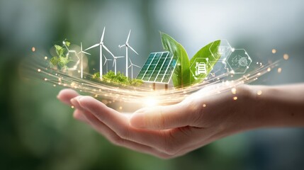Hand holding renewable energy icons, green background, future concept, sustainability
