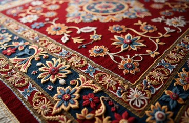 Colorful ornate rug with intricate floral patterns and detailed embroidery