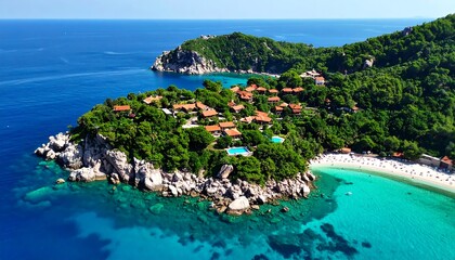 Fototapeta premium Coastal village nestled on a rocky peninsula, turquoise waters