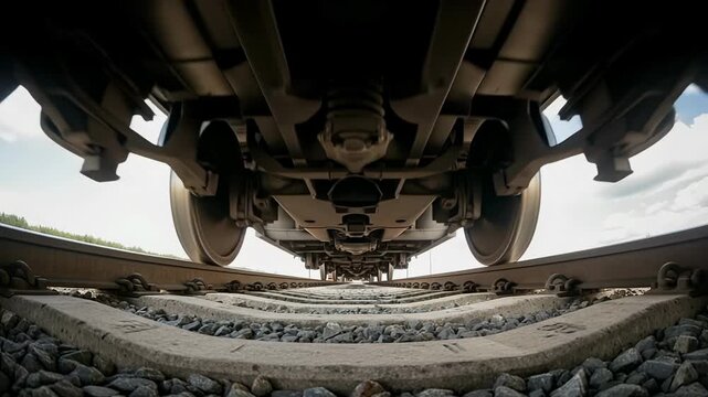 Powerful freight train approaches rapidly from fisheye perspective offering striking overhead view of railway tracks