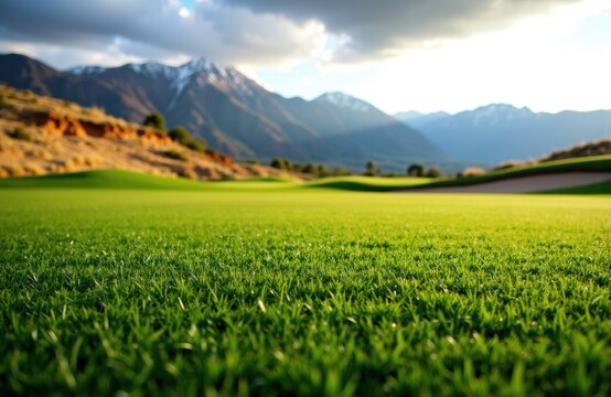 Lush green golf course with mountains in the background under a partly cloudy sky
