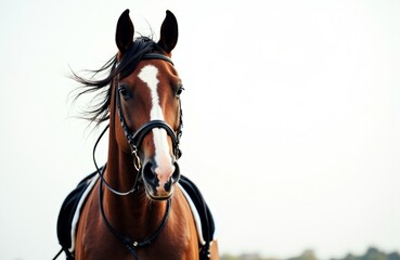 Obraz premium Close-up of a brown horse with a white blaze on its face wearing a bridle against a plain white background