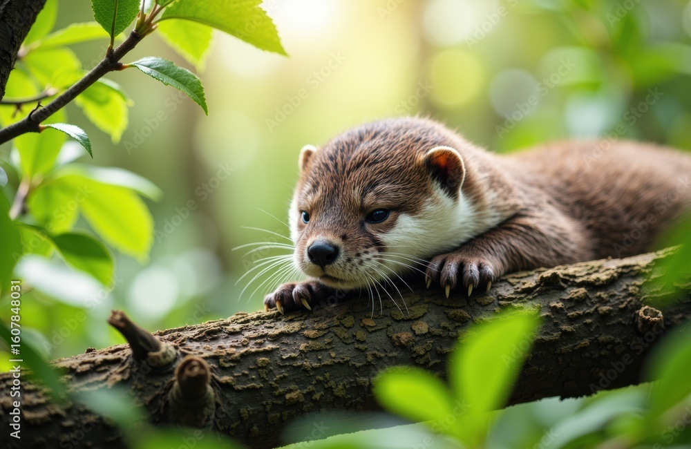 Poster young otter resting on a tree branch in a lush green forest with soft sunlight filtering through the