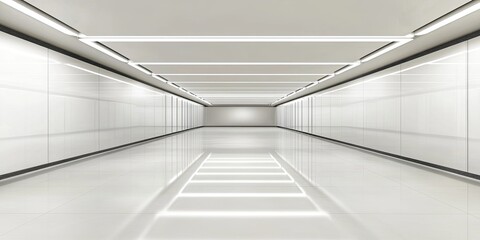 Futuristic White Corridor with Linear Lighting and Reflective Floor