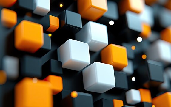 Dynamic Matrix of Glossy Orange and White Cubes with Luminous Bokeh Lights
