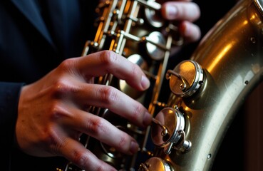 Fototapeta premium Saxophone player adjusting keys on golden saxophone in close-up shot