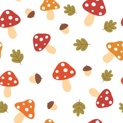 Seamless pattern with mushrooms, fall leaves and acorns. Fall background. Vector illustration. It can be used for wallpapers, wrapping, cards, patterns for clothes and other.