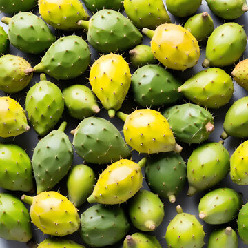 Pile of fresh prickly pear fruit isolated on white background, selective focus, Opuntia, commonly called prickly pear, Barbary fig, tuna fruit, sabra and nopal