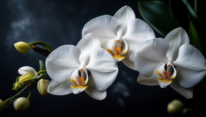 Fototapeta premium delicate white orchids dark moody background elegant floral nature photography