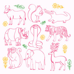 Line Art Animal Collection Cow, Squirrel, Crocodile, Rhino, Cobra, Tiger, Monkey, Elephant, Deer