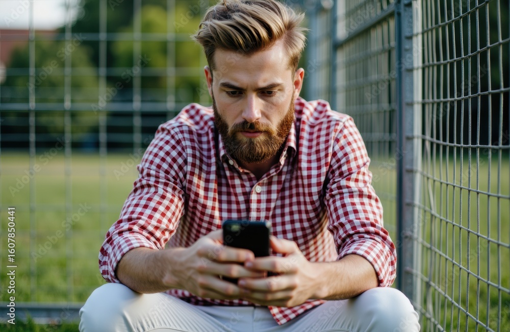 Poster man using smartphone outdoors on a grassy field with a fence in the background