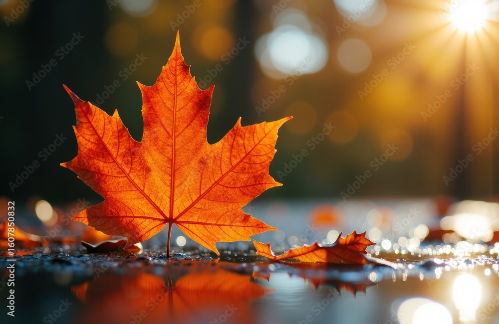 Poster autumn maple leaf lying on wet surface with sunlight in background