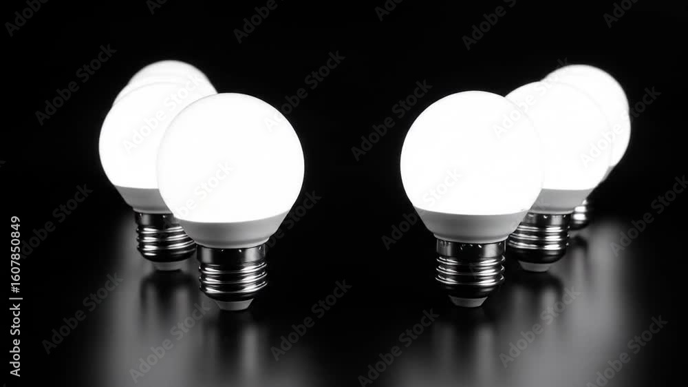 Poster array of illuminated white spherical led light bulbs on a black reflective surface arranged neatly w
