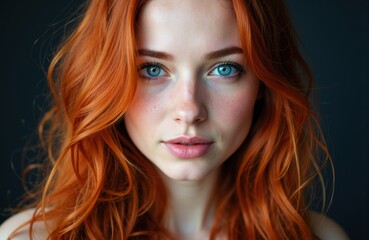 Naklejka premium Woman with vibrant red hair and striking blue eyes looking directly at the camera