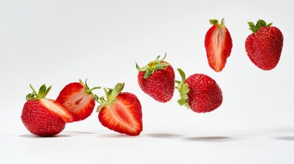 Vibrant red strawberries in mid-air against a pure white background, showcasing crisp detail.
