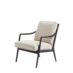 Elegant Modern Armchair with Neutral Fabric and Sleek Wooden Frame