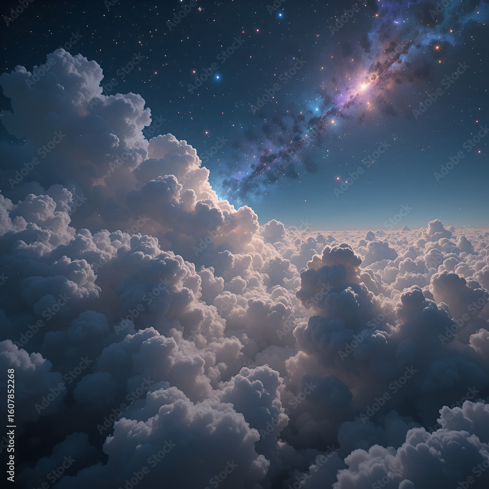 Wall mural cinematic view of deep space clouds with sparkling clusters and colorful ionized gases.