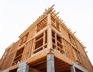 Obraz premium wooden framework of a two story home under construction with white background