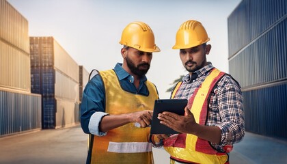 truck driver and surveyor collaborate outside warehouse consulting tablet for efficient precise route planning