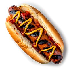 Grilled Sausage in a Bun with Mustard and Ketchup