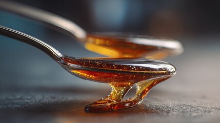 Golden Syrup Dripping from Spoons on Dark Surface