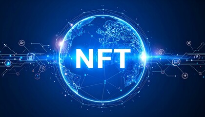 Global NFT network, digital world concept.  Digital globe with "NFT" highlighted, surrounded by glowing network lines and icons.  Dark blue background.  Detailed illustration