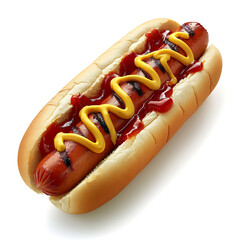 Grilled Hot Dog with Ketchup and Mustard in a Bun