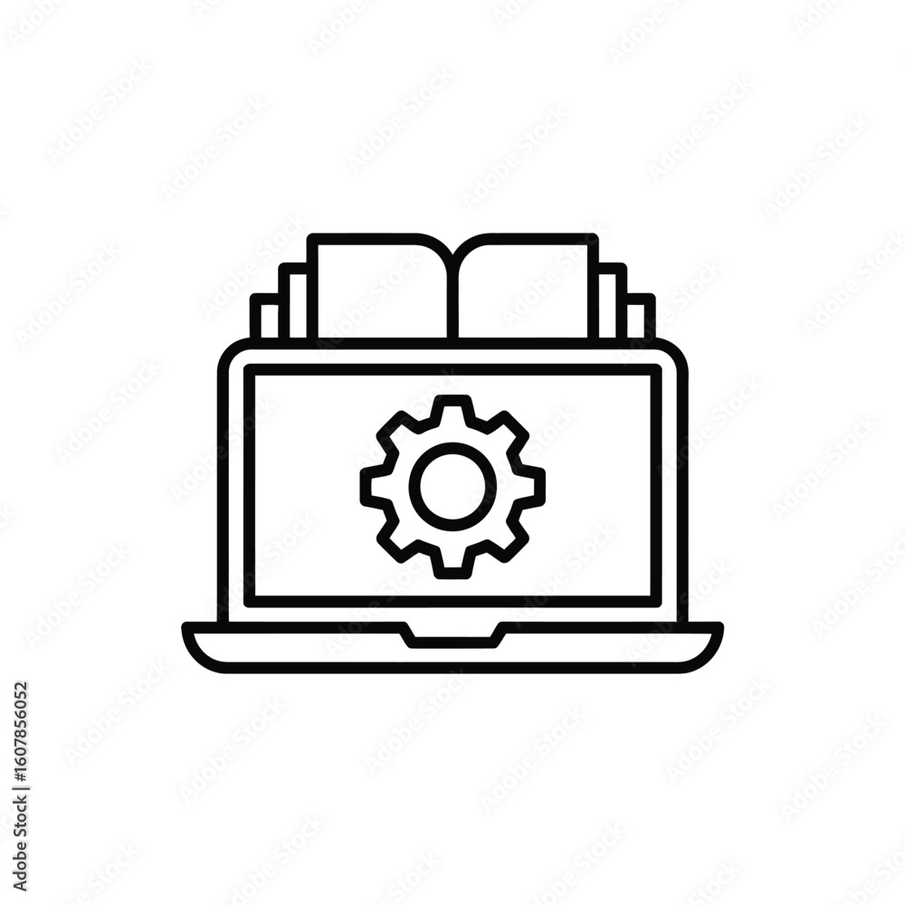 Poster laptop with open book and gear icon representing online learning and technical support