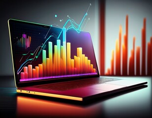abstract graph displaying financial growth on laptop screen with rising bar and line charts