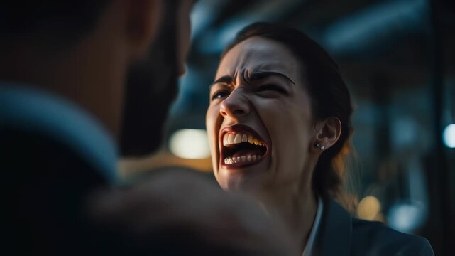 Woman expressing anger and yelling while confronting man in urban setting  