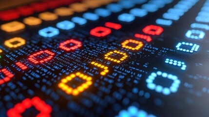 Binary matrix with glowing blue, orange, red