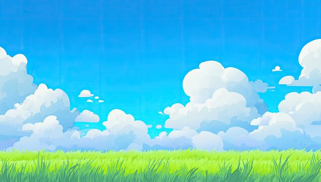 Summer meadow, bright sky, fluffy clouds