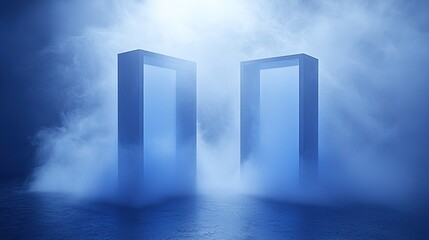 Blue portal structures shrouded in mist