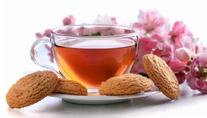 cup of tea with cookies and flowers