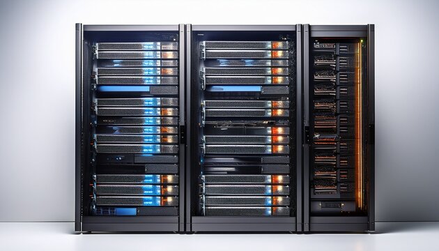 high tech server rack with illuminated components on a white background