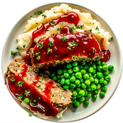 Sliced Meatloaf with Mashed Potatoes and Peas, Topped with Red Sauce