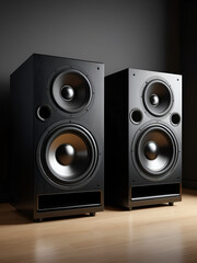 Animation of studio subwoofer speakers playing loud sound.