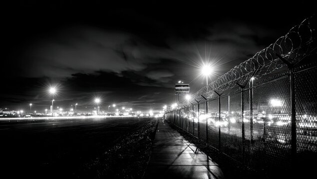 Fototapeta Night airport scene, black and white