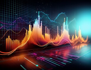 abstract financial data visualization with fluctuating graphs and charts displayed on a digital screen
