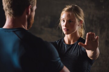 A woman practices self-defense techniques, focused on training.