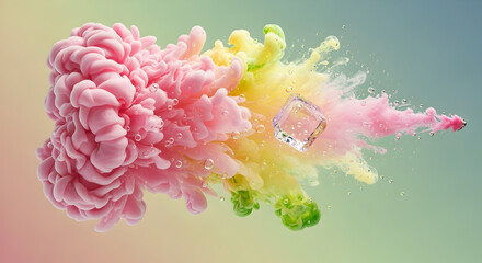 Dynamic Burst of Pastel Pink, Yellow, and Green Pigment Powder with Clear Ice Cube Impacting Through Vibrant Cloud on Gradient Background