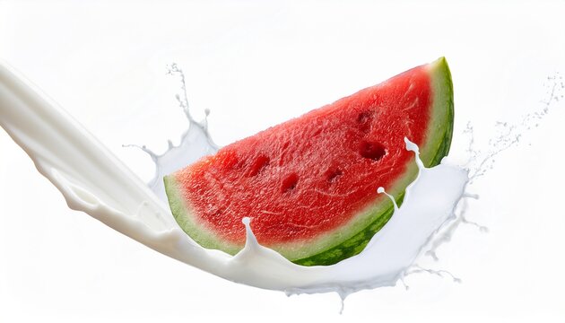 fresh watermelon slace with milk splash isolated on white background