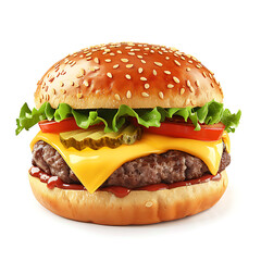 Classic Cheeseburger with Sesame Seed Bun, Lettuce, Tomato, Pickle, and Ketchup