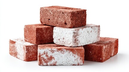 Stacked red bricks with white discoloration