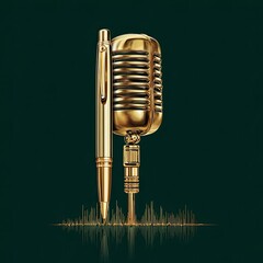 Golden microphone & pen, podcasting, audio waves, dark green background