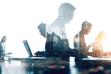 Silhouette of a business team working in an office, overlaid with a cityscape