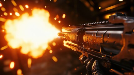A close up of a futuristic gun firing with a large muzzle flash and visible hand gripping it tightly