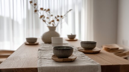 Harmonious Japandi fall dining area with natural light