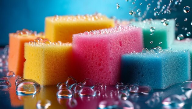colorful dish sponges with water droplets highlighting cleanliness and the efficiency of household cleaning tools - Powered by Adobe
